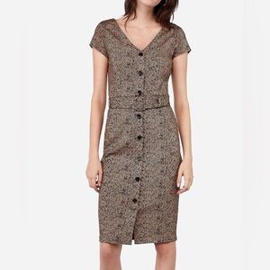 EXPRESS BELTED BUTTON FRONT JACQUARD SHEATH DRESS IN NEUTRAL PRINT size M